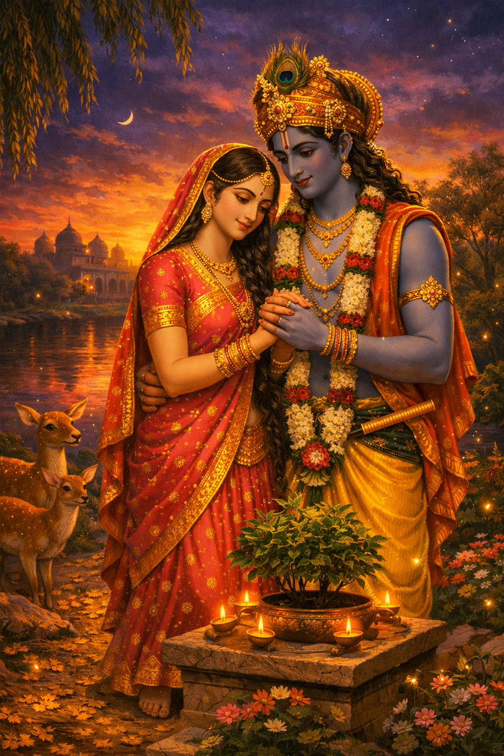 Radha and Krishna standing near sacred tulsi plant by river at deep purple-orange twilight with temple silhouette — HD wallpaper